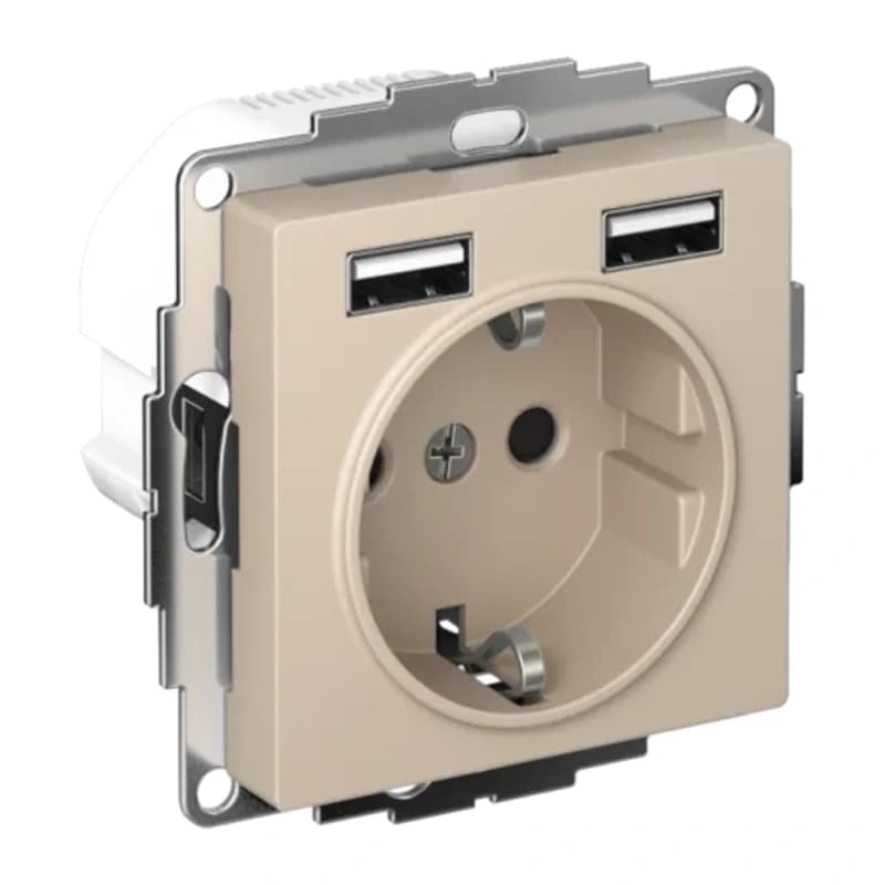 Розетка с заземлением Atlasdesign 16А+2USB A+A, 5В/2,4А белый, песочный