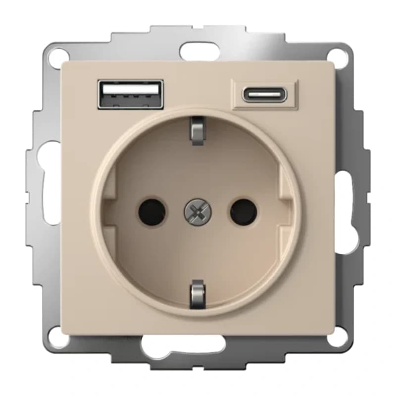 Розетка с заземлением Atlasdesign 16А+2USB A+С, (5В/2,4А/3 А, 2х5В/1,5А), песочный