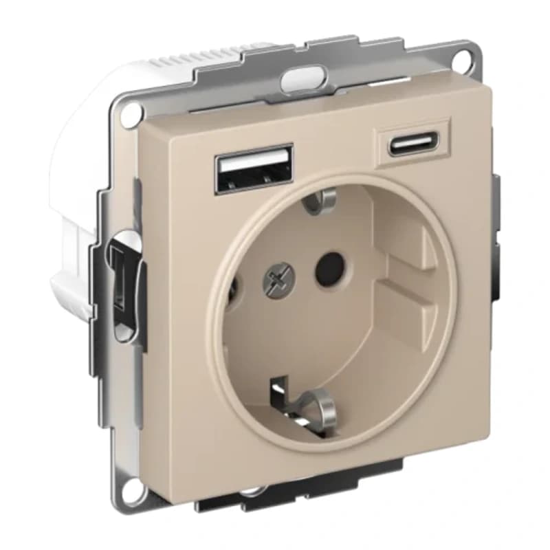 Розетка с заземлением Atlasdesign 16А+2USB A+С, (5В/2,4А/3 А, 2х5В/1,5А), песочный
