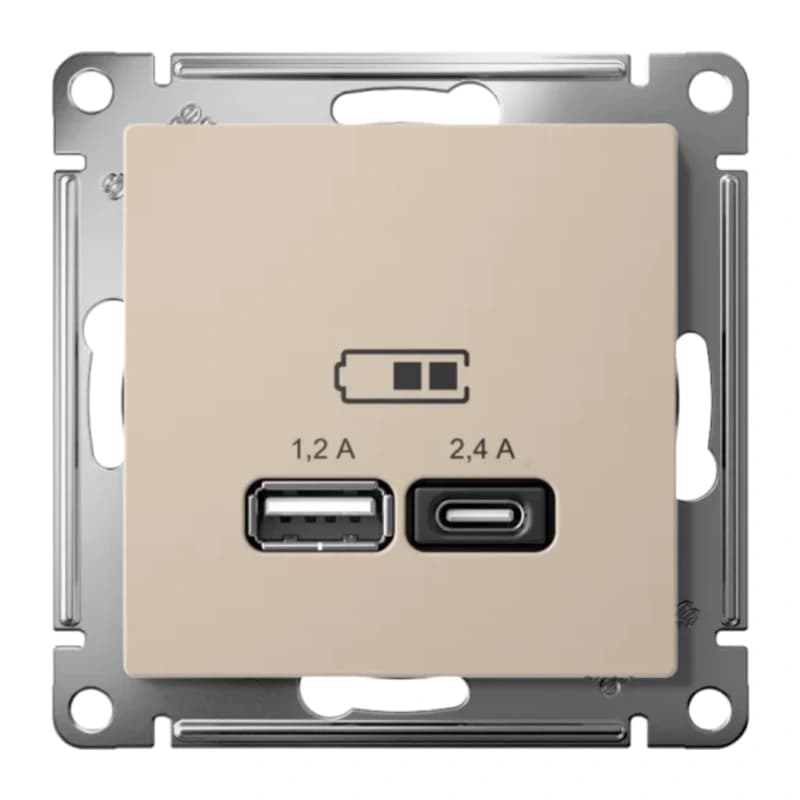Розетка USB двойная для зарядки A+С, 5В/2,4А, 2х5В/1,2 А, Atlasdesign, песочный