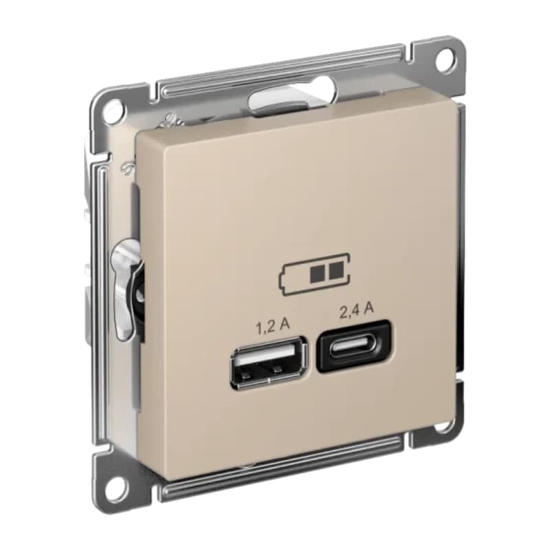 Розетка USB двойная для зарядки A+С, 5В/2,4А, 2х5В/1,2 А, Atlasdesign, песочный