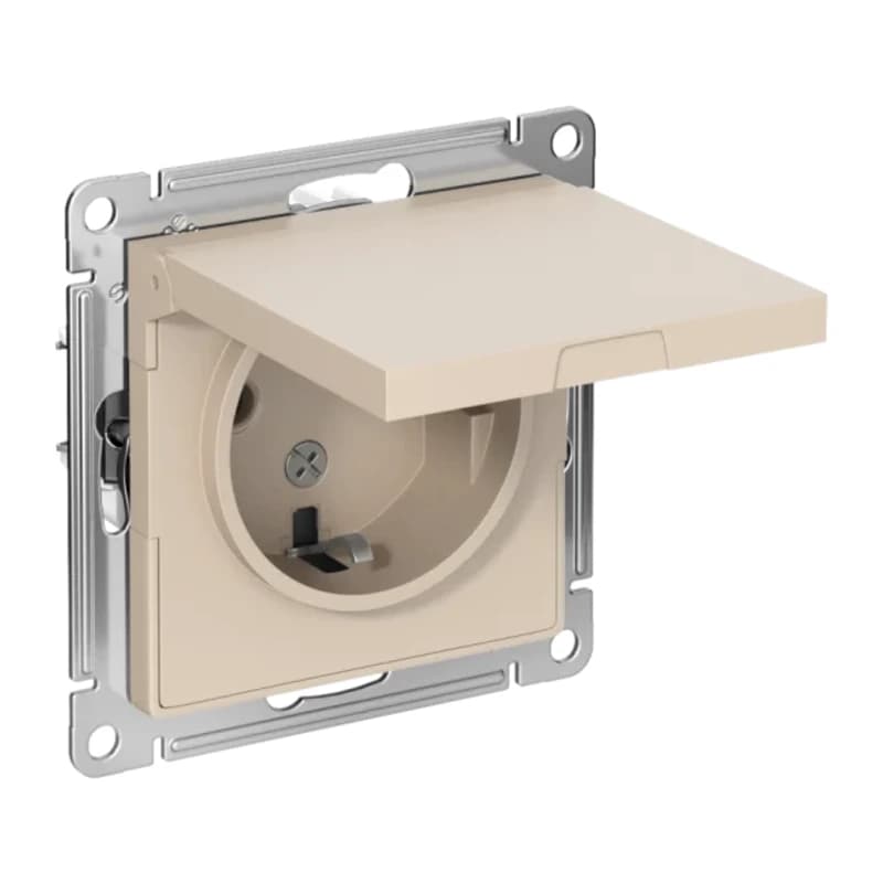 Розетка с заземлением со шторками и крышкой Atlasdesign 16А IP20, песочный