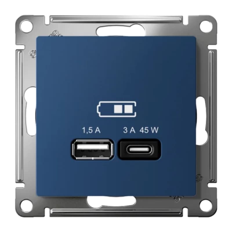 Розетка USB для зарядки двойная Atlasdesign A + тип-C 45W высокоскор.заряд. QC, PD, аквамарин