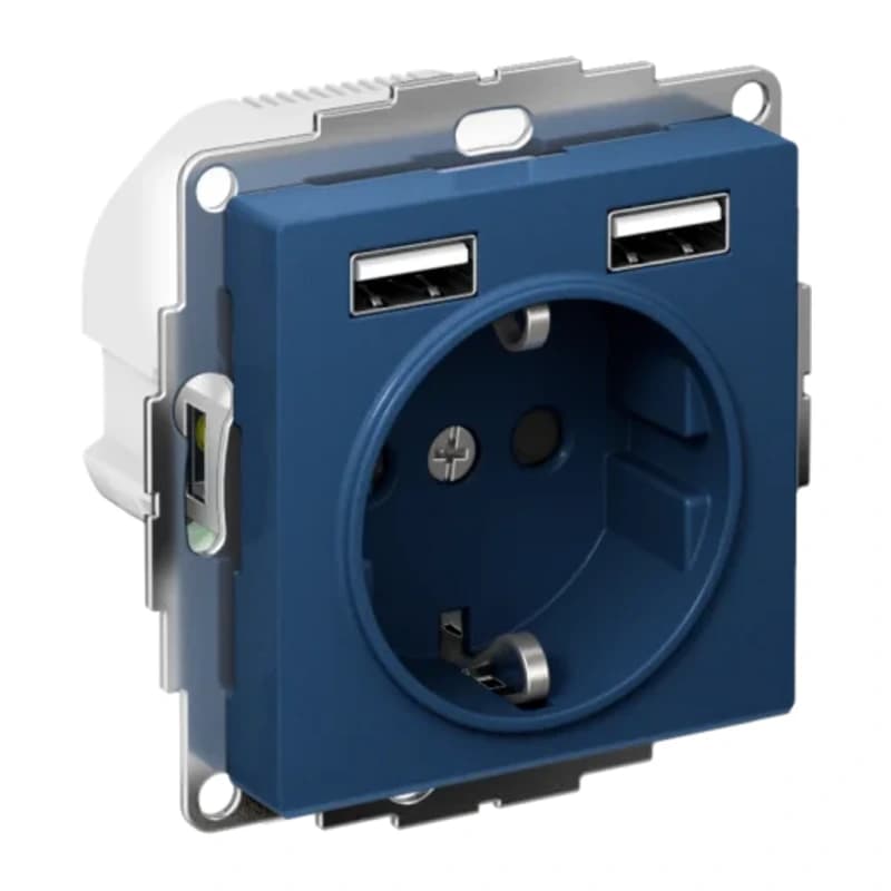 Розетка с заземлением Atlasdesign 16А+2USB A+A, 5В/2,4А белый, аквамарин