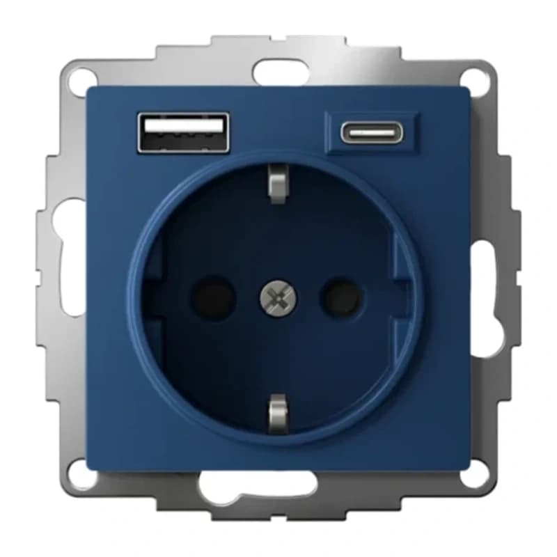 Розетка с заземлением Atlasdesign 16А+2USB A+С, (5В/2,4А/3 А, 2х5В/1,5А), аквамарин