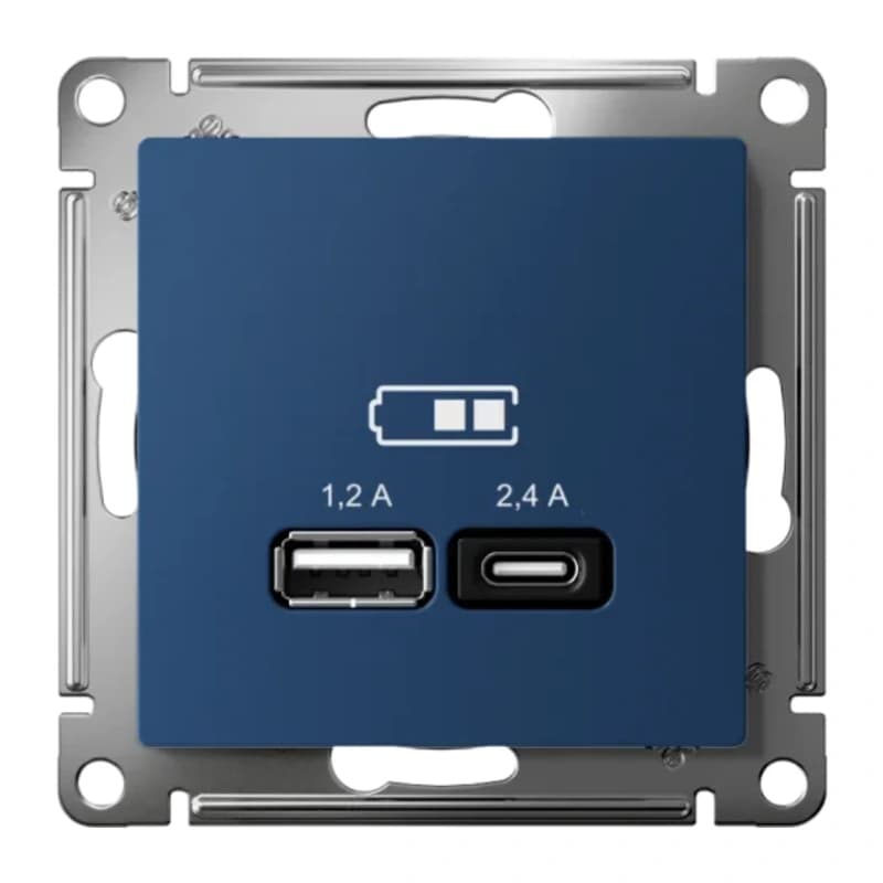 Розетка USB двойная для зарядки A+С, 5В/2,4А, 2х5В/1,2 А, Atlasdesign, аквамарин