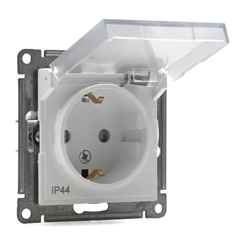 Розетка с заземлением со шторками и крышкой Atlasdesign 16А IP44, белый