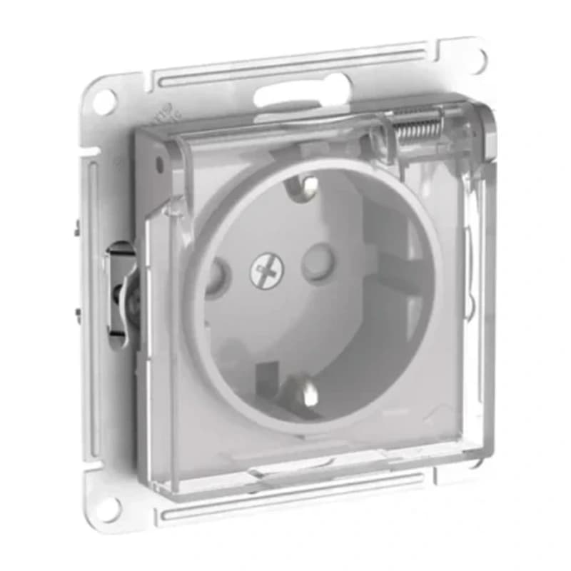 Розетка с заземлением со шторками и прозрачной крышкой Atlasdesign 16А IP44, быстрозажим. клем., алюминий