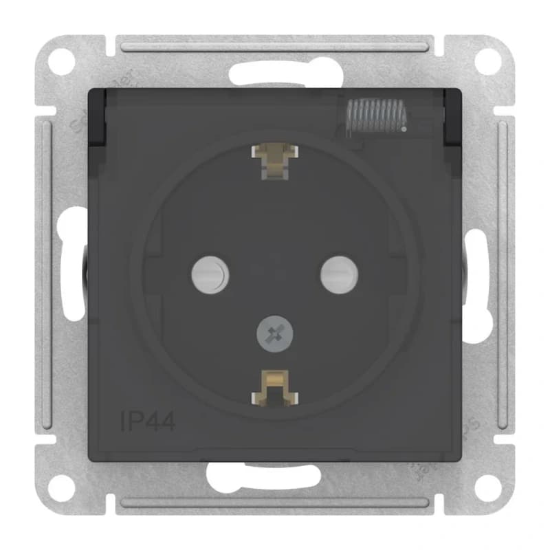 Розетка с заземлением со шторками и крышкой Atlasdesign 16А IP44, карбон
