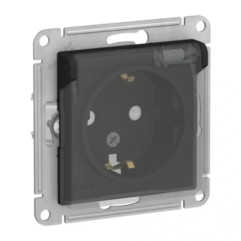 Розетка с заземлением со шторками и крышкой Atlasdesign 16А IP44, карбон