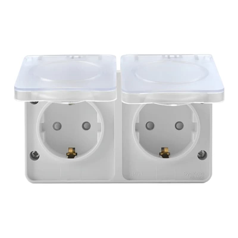 Розетка 2-ая с заземлением со шторками накладная, 16А/250B IP54 Schneider AtlasDesign Profi54 белый