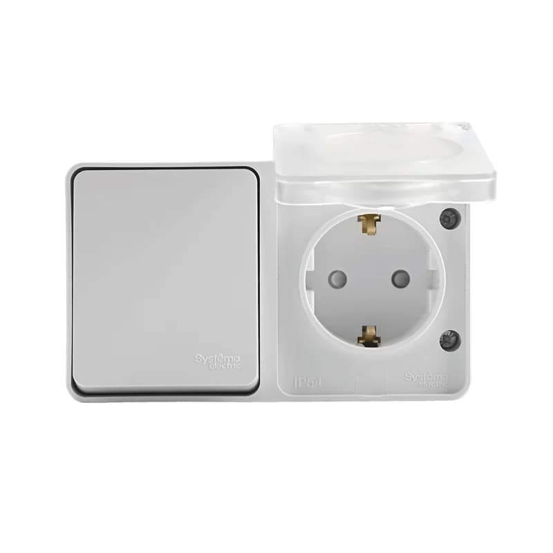 Блок накладной розетка с заземлением со шторками и выключатель 1-клавишный 10А IP54 Schneider AtlasDesign Profi54 белый