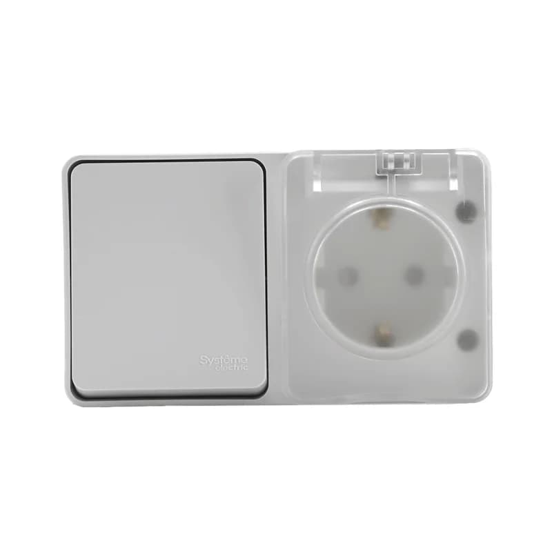 Блок накладной розетка с заземлением со шторками и выключатель 1-клавишный 10А IP54 Schneider AtlasDesign Profi54 белый