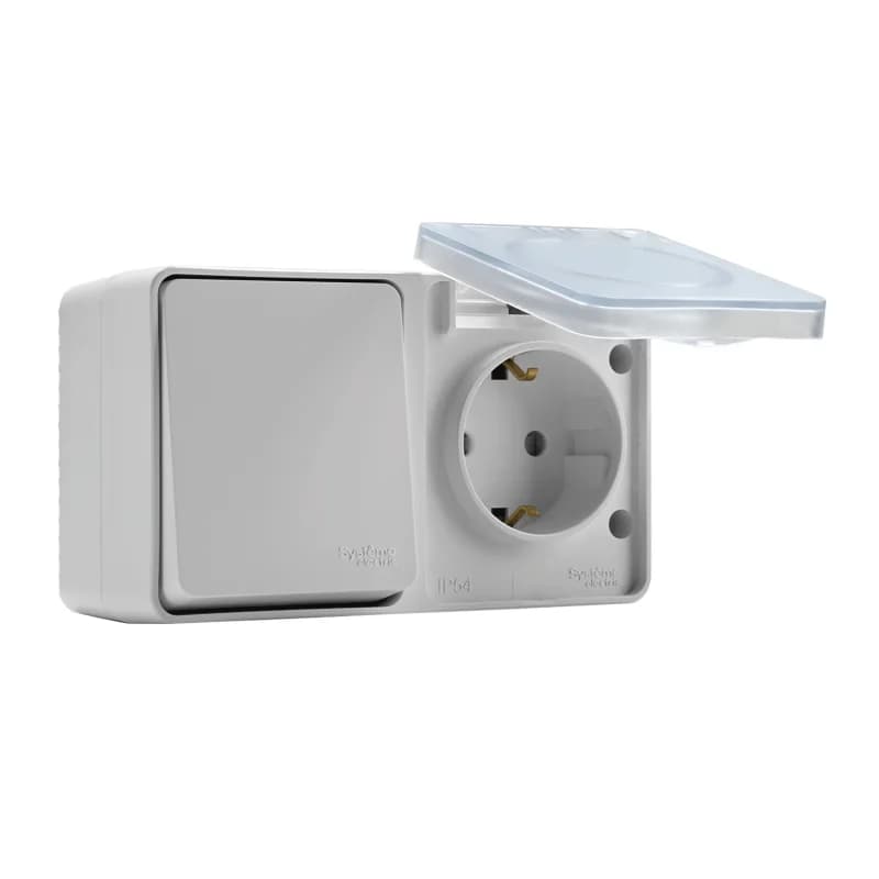 Блок накладной розетка с заземлением со шторками и выключатель 1-клавишный 10А IP54 Schneider AtlasDesign Profi54 белый