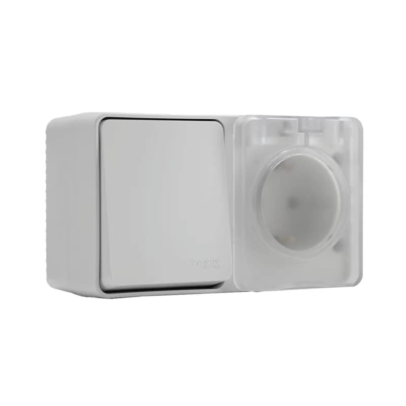 Блок накладной розетка с заземлением со шторками и выключатель 1-клавишный 10А IP54 Schneider AtlasDesign Profi54 белый