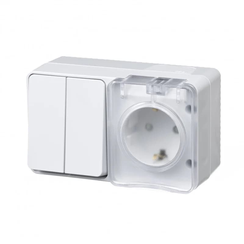 Блок накладной розетка с заземлением со шторками и выключатель 2-клавишный 10А IP54 Schneider AtlasDesign Profi54 белый