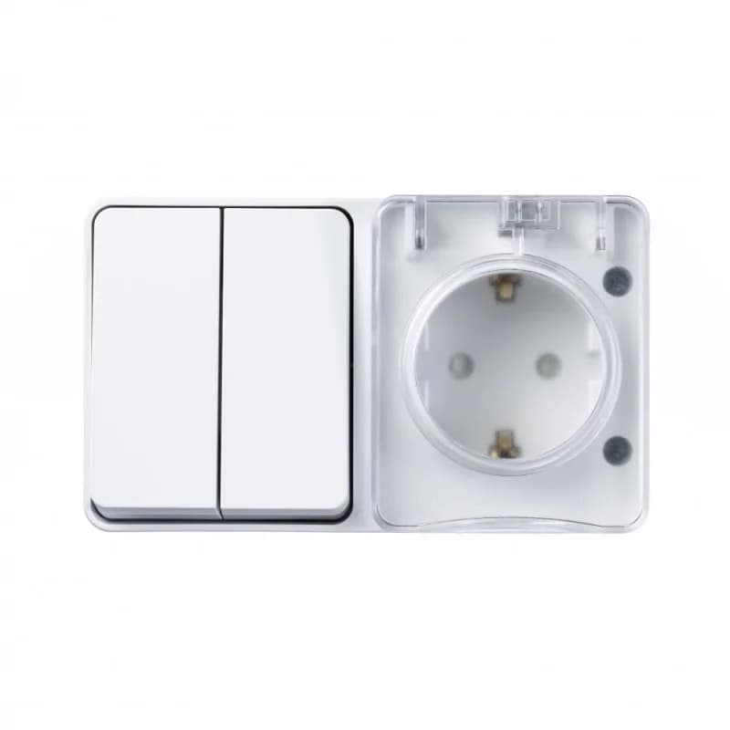 Блок накладной розетка с заземлением со шторками и выключатель 2-клавишный 10А IP54 Schneider AtlasDesign Profi54 белый