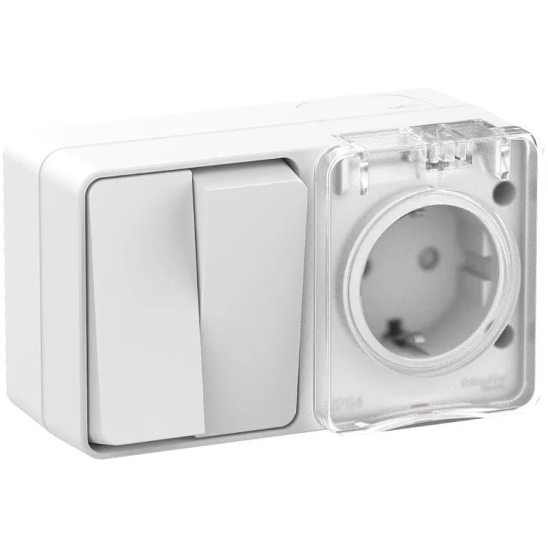Блок накладной розетка с заземлением со шторками и выключатель 2-клавишный 10А IP54 Schneider AtlasDesign Profi54 белый