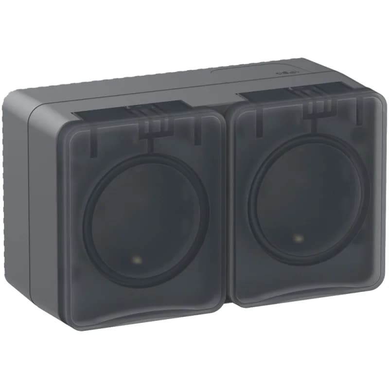 Розетка 2-ая с заземлением со шторками накладная, 16А/250B IP54 Schneider AtlasDesign Profi54 антрацит