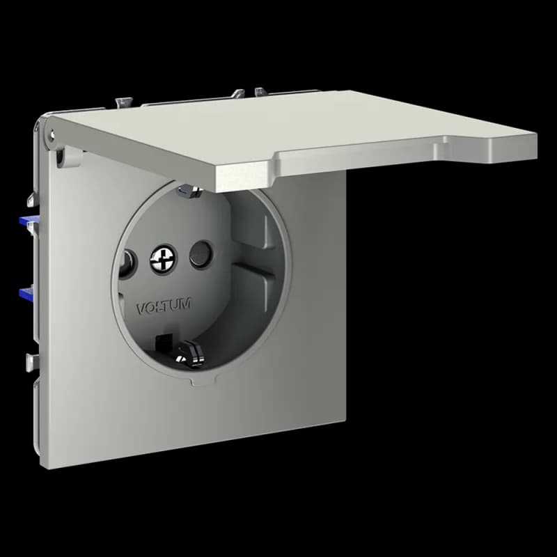 Розетка встраиваемая VOLTUM S70 с заземлением, защитными шторками и крышкой 16А, (сталь)