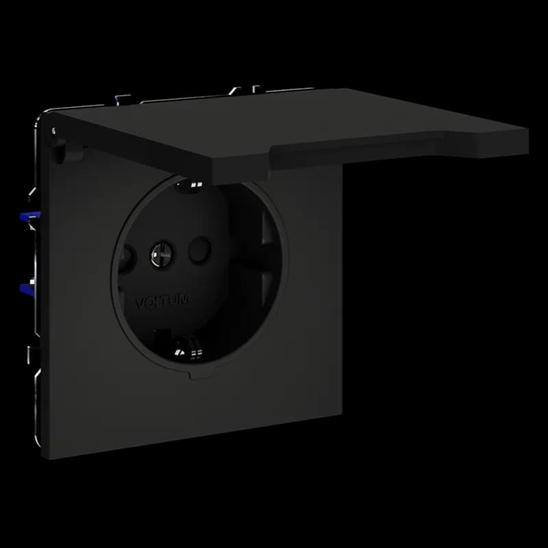 Розетка встраиваемая VOLTUM S70 с заземлением, защитными шторками и крышкой 16А, (черный матовый)