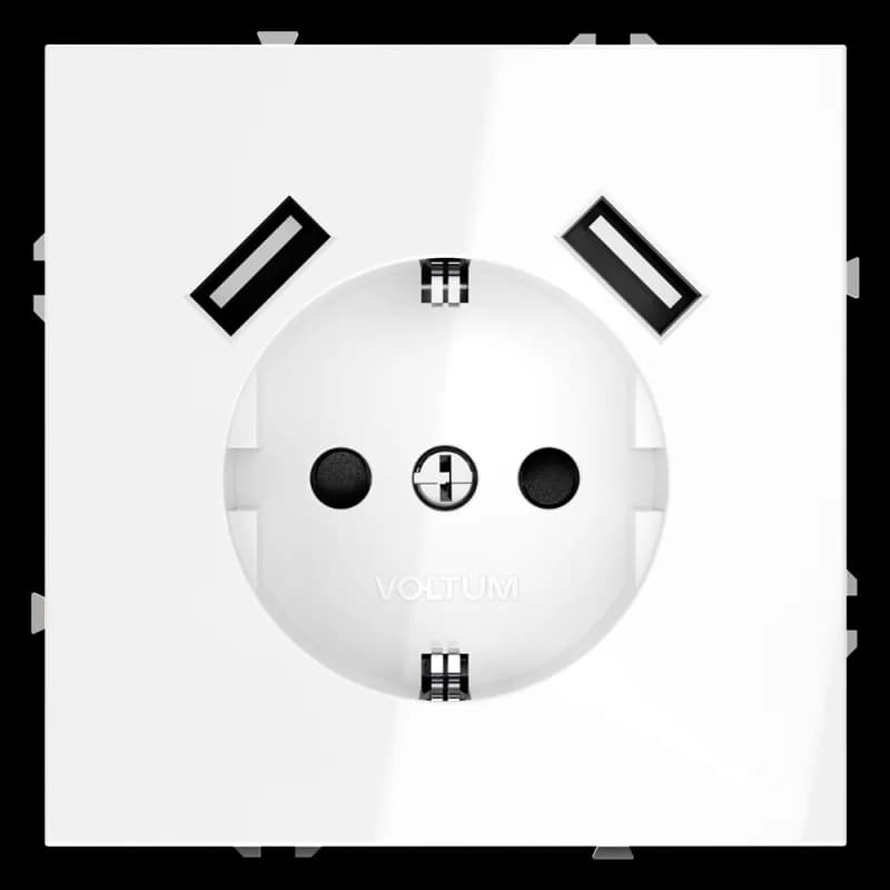 Розетка встраиваемая VOLTUM S70 с заземлением и защитными шторками, 16А, с USB, A+A, (белый глянцевы