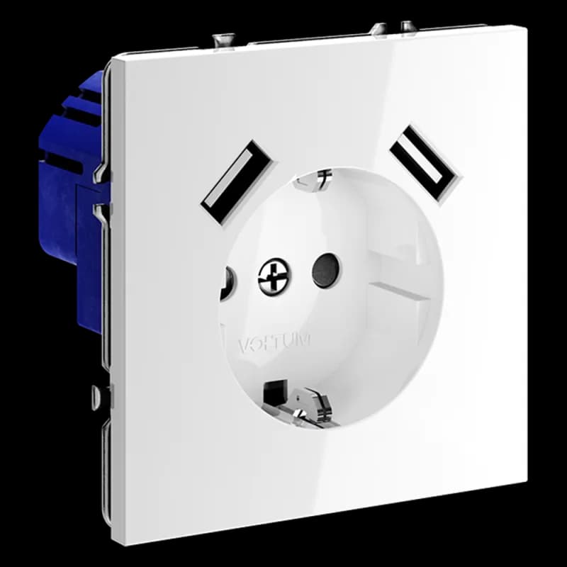 Розетка встраиваемая VOLTUM S70 с заземлением и защитными шторками, 16А, с USB, A+A, (белый глянцевы