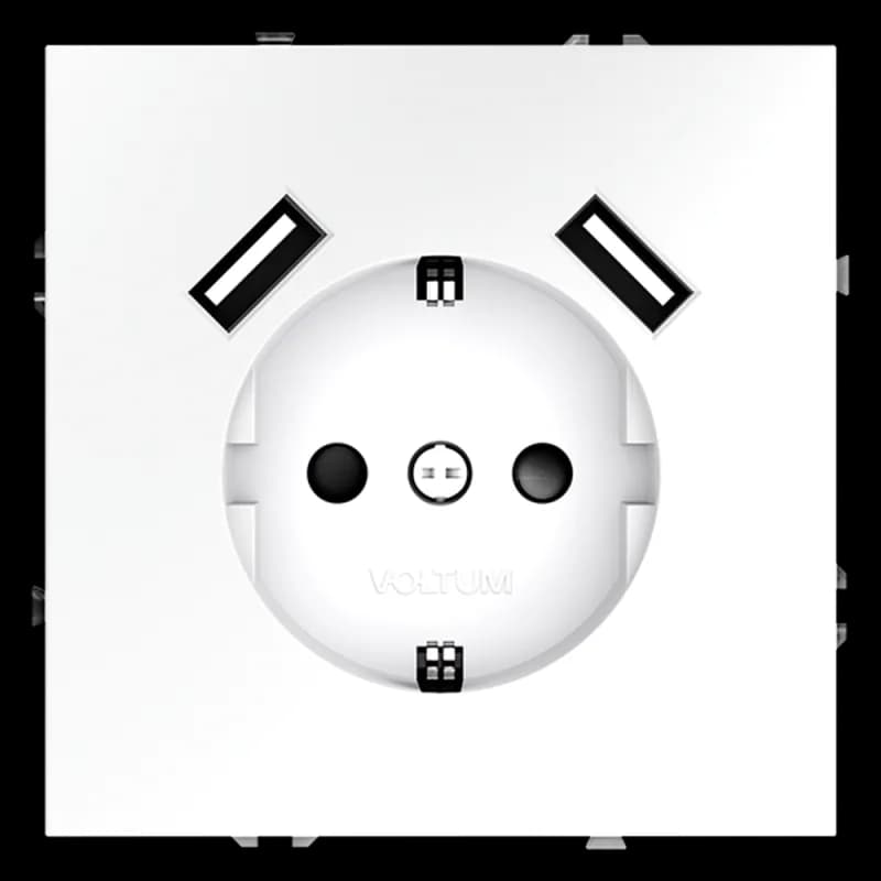 Розетка встраиваемая VOLTUM S70 с заземлением и защитными шторками, 16А, с USB, A+A, (белый матовый)