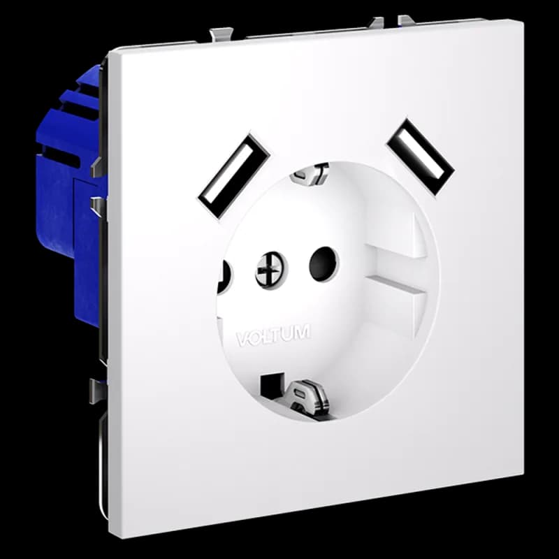 Розетка встраиваемая VOLTUM S70 с заземлением и защитными шторками, 16А, с USB, A+A, (белый матовый)