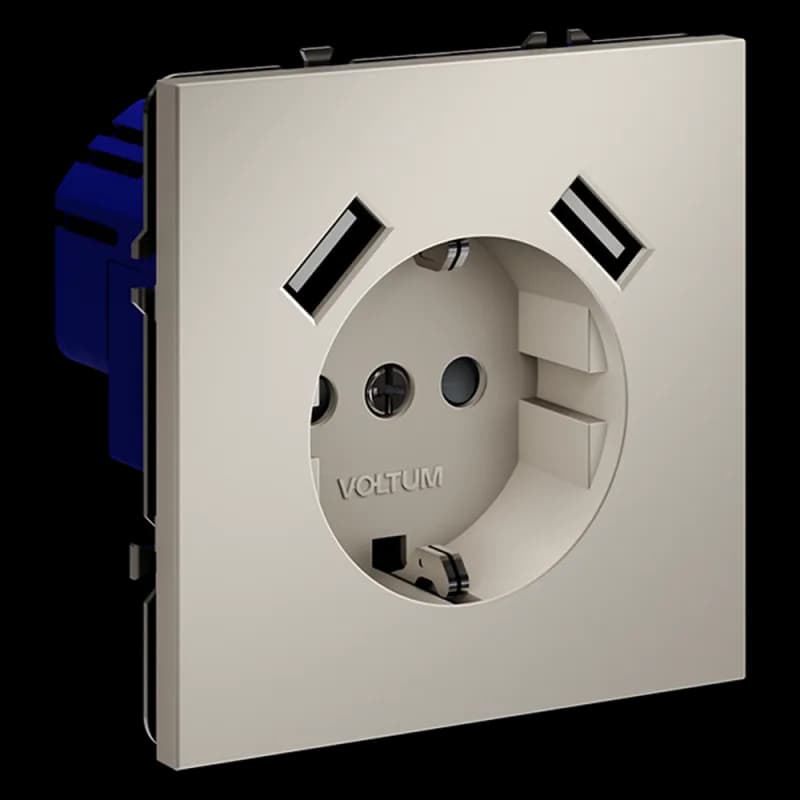 Розетка встраиваемая VOLTUM S70 с заземлением и защитными шторками, 16А, с USB, A+A, (кашемир)