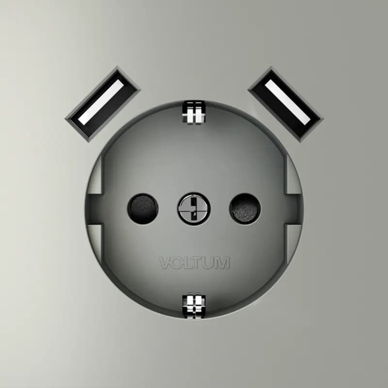 Розетка встраиваемая VOLTUM S70 с заземлением и защитными шторками, 16А, с USB, A+A, (сталь)