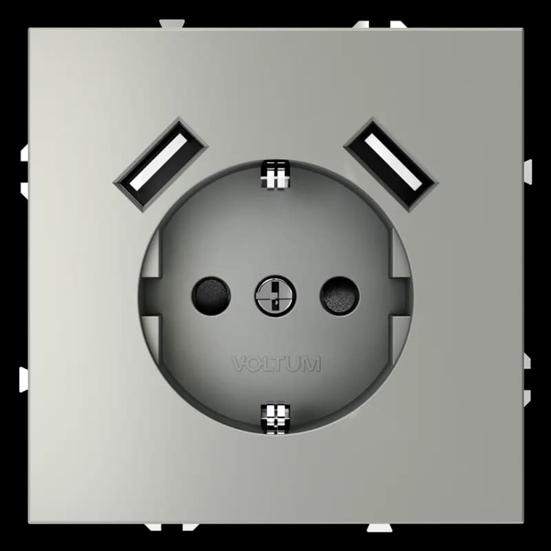 Розетка встраиваемая VOLTUM S70 с заземлением и защитными шторками, 16А, с USB, A+A, (сталь)