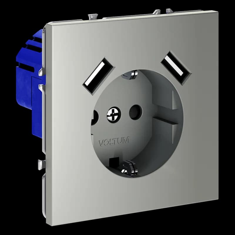Розетка встраиваемая VOLTUM S70 с заземлением и защитными шторками, 16А, с USB, A+A, (сталь)