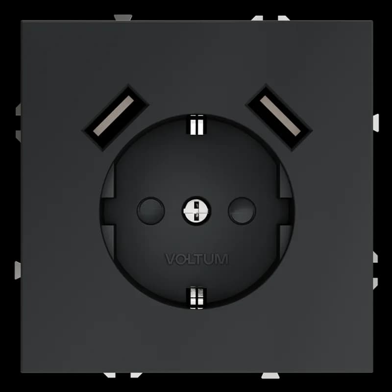 Розетка встраиваемая VOLTUM S70 с заземлением и защитными шторками, 16А, с USB, A+A, (графит)