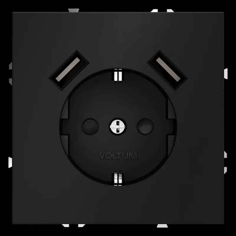 Розетка встраиваемая VOLTUM S70 с заземлением и защитными шторками, 16А, с USB, A+A, (черный матовый