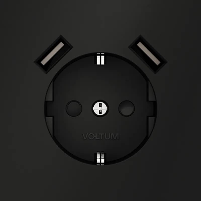 Розетка встраиваемая VOLTUM S70 с заземлением и защитными шторками, 16А, с USB, A+A, (черный матовый