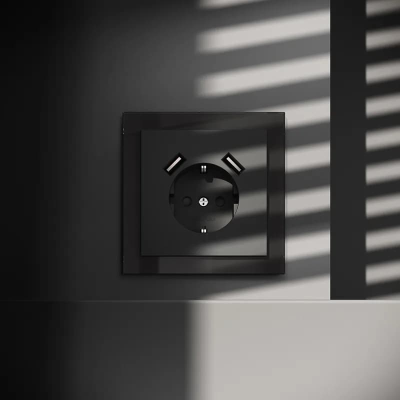 Розетка встраиваемая VOLTUM S70 с заземлением и защитными шторками, 16А, с USB, A+A, (черный матовый