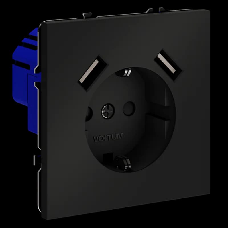 Розетка встраиваемая VOLTUM S70 с заземлением и защитными шторками, 16А, с USB, A+A, (черный матовый