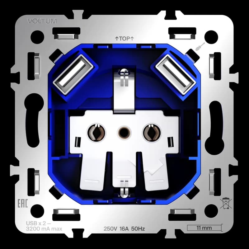 Механизм розетки с заземлением и защитными шторками 16А, с USB A+A, S70