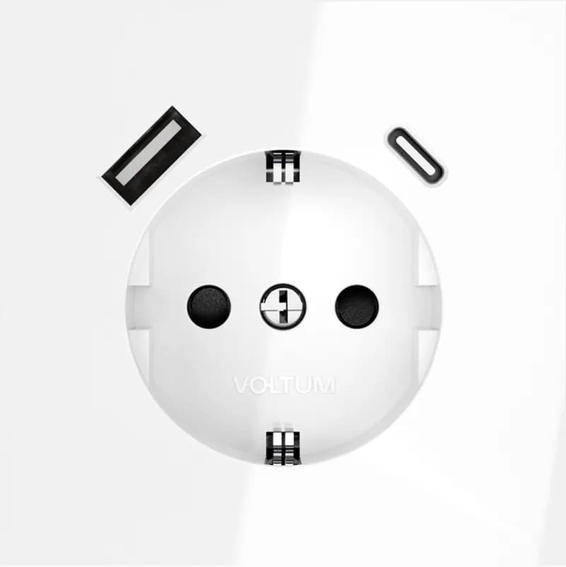 Розетка встраиваемая VOLTUM S70 с заземлением и защитными шторками, 16А, с USB, A+С, (белый глянцевы