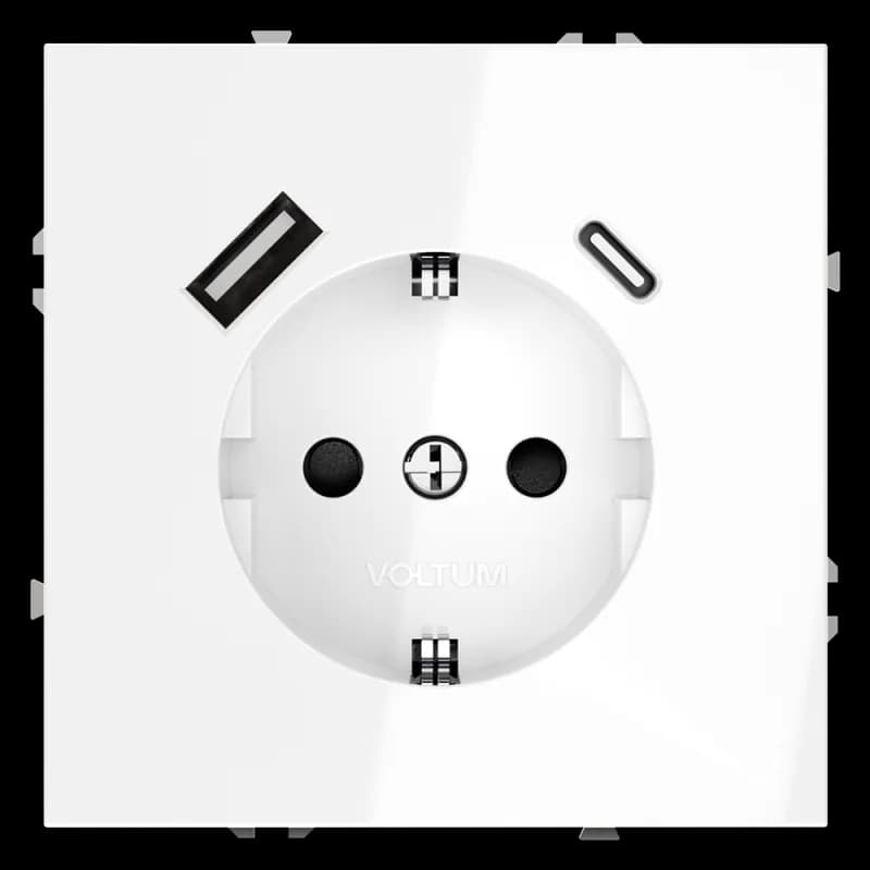 Розетка встраиваемая VOLTUM S70 с заземлением и защитными шторками, 16А, с USB, A+С, (белый глянцевы