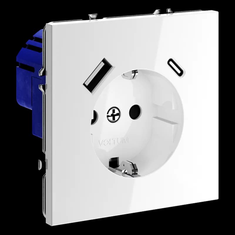 Розетка встраиваемая VOLTUM S70 с заземлением и защитными шторками, 16А, с USB, A+С, (белый глянцевы