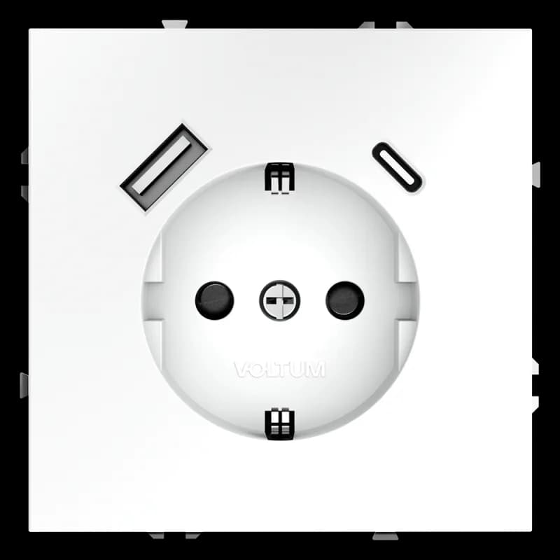 Розетка встраиваемая VOLTUM S70 с заземлением и защитными шторками, 16А, с USB, A+С, (белый матовый)