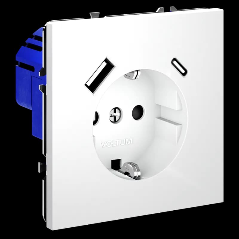 Розетка встраиваемая VOLTUM S70 с заземлением и защитными шторками, 16А, с USB, A+С, (белый матовый)