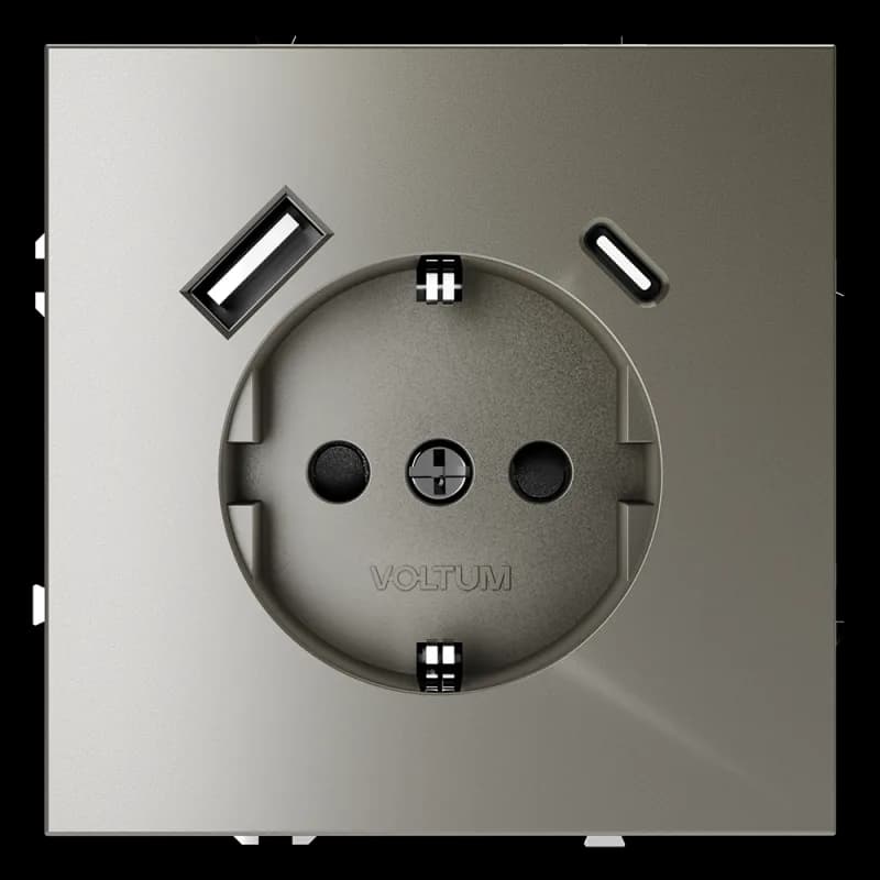 Розетка встраиваемая VOLTUM S70 с заземлением и защитными шторками, 16А, с USB, A+С, (шелк)