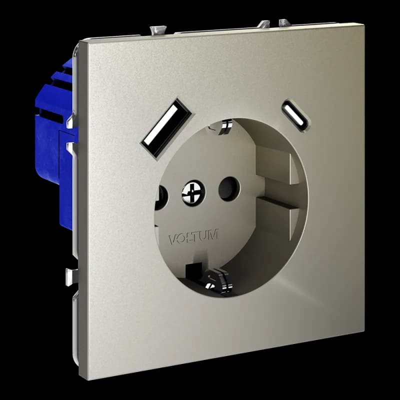 Розетка встраиваемая VOLTUM S70 с заземлением и защитными шторками, 16А, с USB, A+С, (шелк)