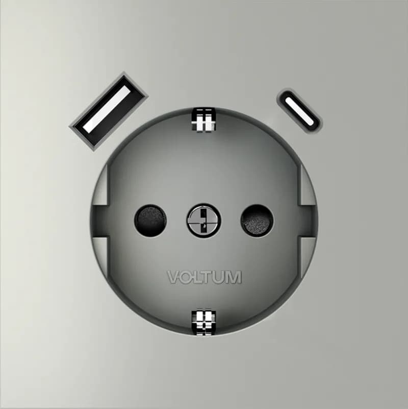 Розетка встраиваемая VOLTUM S70 с заземлением и защитными шторками, 16А, с USB, A+С, (сталь)