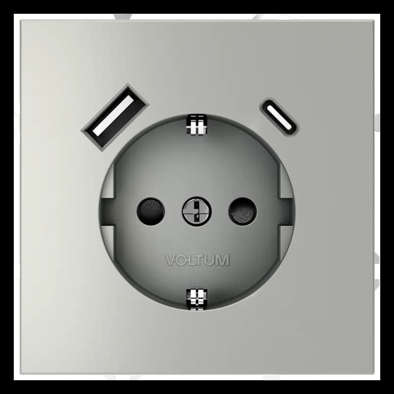 Розетка встраиваемая VOLTUM S70 с заземлением и защитными шторками, 16А, с USB, A+С, (сталь)