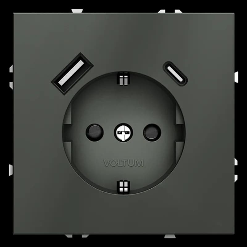 Розетка встраиваемая VOLTUM S70 с заземлением и защитными шторками, 16А, с USB, A+С, (титан)