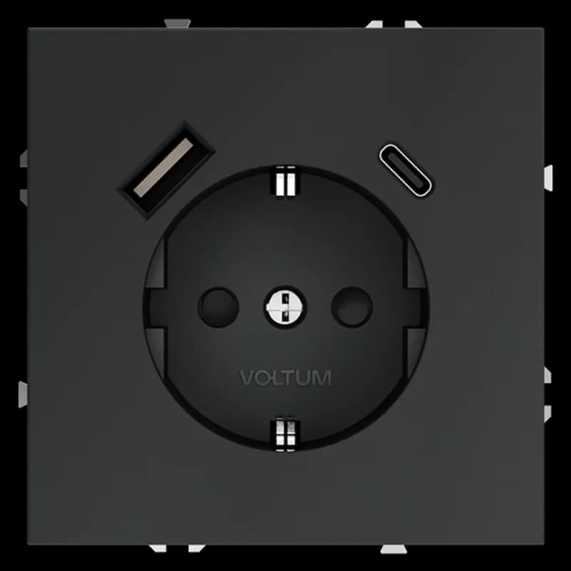 Розетка встраиваемая VOLTUM S70 с заземлением и защитными шторками, 16А, с USB, A+С, (графит)